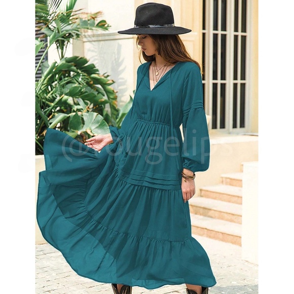Teal Blue Bohemian Maxi Dress Chiffon Neck Ties Long Sleeve Ruffle Hem Flowy